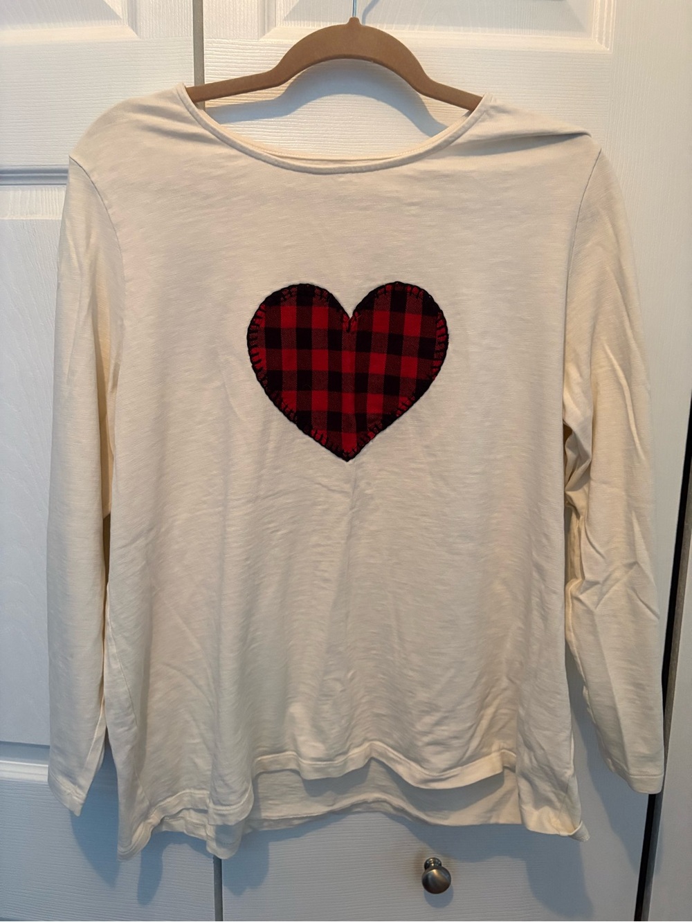 Cream Long-Sleeve Top with Red Buffalo Plaid Heart
